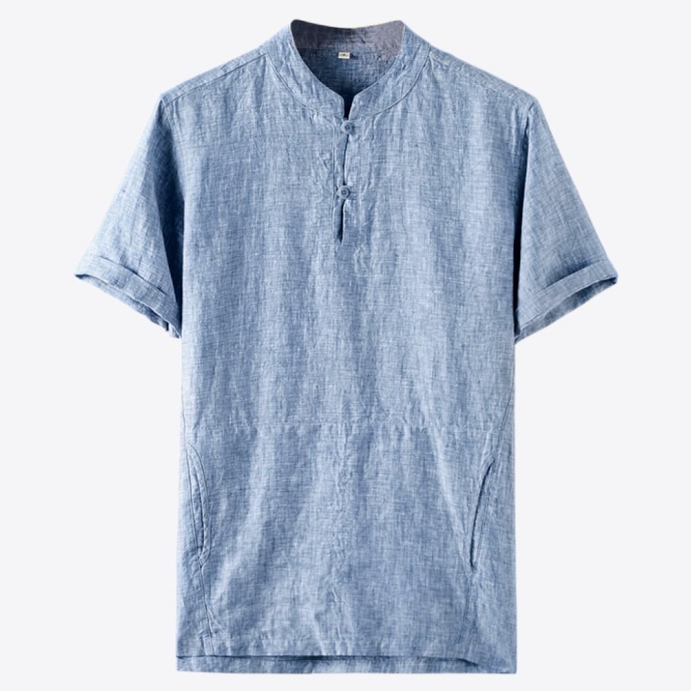 Buttoned Round Neck Short Sleeve Linen Tee